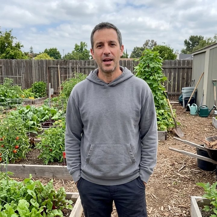 A man in a grey hoodie standing in a sunny community garden