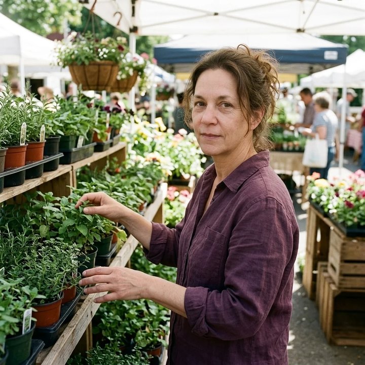 A woman choosing fresh herbs at an outdoor farmers market