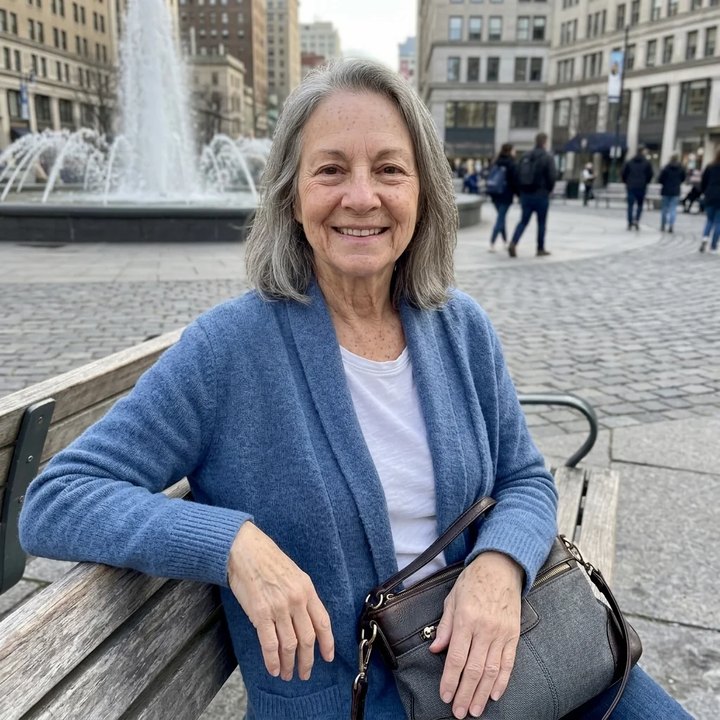 A smiling woman in a blue cardigan sitting on a bench near a city fountain